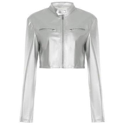 TALKLESSFASHION Functional style, silver stand-up collar, zipper, cropped leather jacket, hot girl, street personality, slim fit, crop top, versatile jacket
