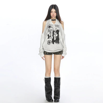 TALKLESSFASHION Graffiti Distressed Off-Shoulder Sweatshirt