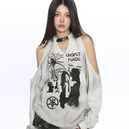 TALKLESSFASHION Graffiti Distressed Off-Shoulder Sweatshirt
