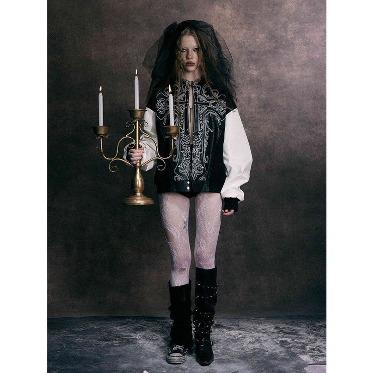 TALKLESSFASHION Jiaqing Varsity Jacket Halloween cross embroidered vintage patchwork leather jacket baseball jacket