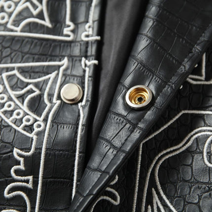 TALKLESSFASHION Jiaqing Varsity Jacket Halloween cross embroidered vintage patchwork leather jacket baseball jacket