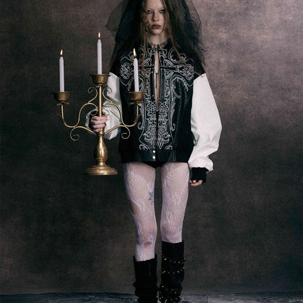 TALKLESSFASHION Jiaqing Varsity Jacket Halloween cross embroidered vintage patchwork leather jacket baseball jacket