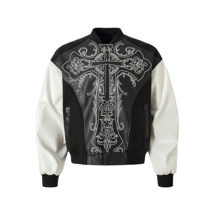 TALKLESSFASHION Jiaqing Varsity Jacket Halloween cross embroidered vintage patchwork leather jacket baseball jacket