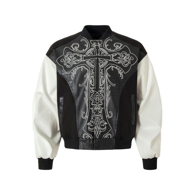 TALKLESSFASHION Jiaqing Varsity Jacket Halloween cross embroidered vintage patchwork leather jacket baseball jacket