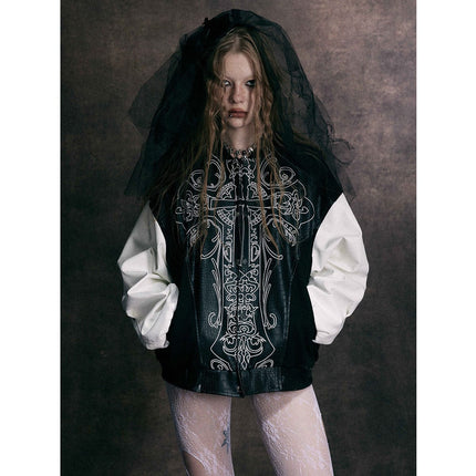 TALKLESSFASHION Jiaqing Varsity Jacket Halloween cross embroidered vintage patchwork leather jacket baseball jacket