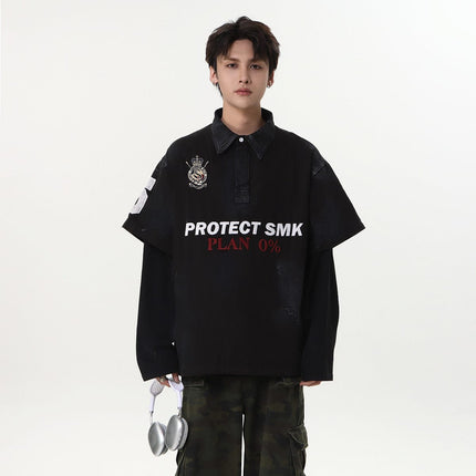 TALKLESSFASHION Jiaqlo Men's Fall and Winter 2025 new wasteland style American jersey fake two heavy embroidered polo collar sweatshirts