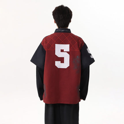 TALKLESSFASHION Jiaqlo Men's Fall and Winter 2025 new wasteland style American jersey fake two heavy embroidered polo collar sweatshirts