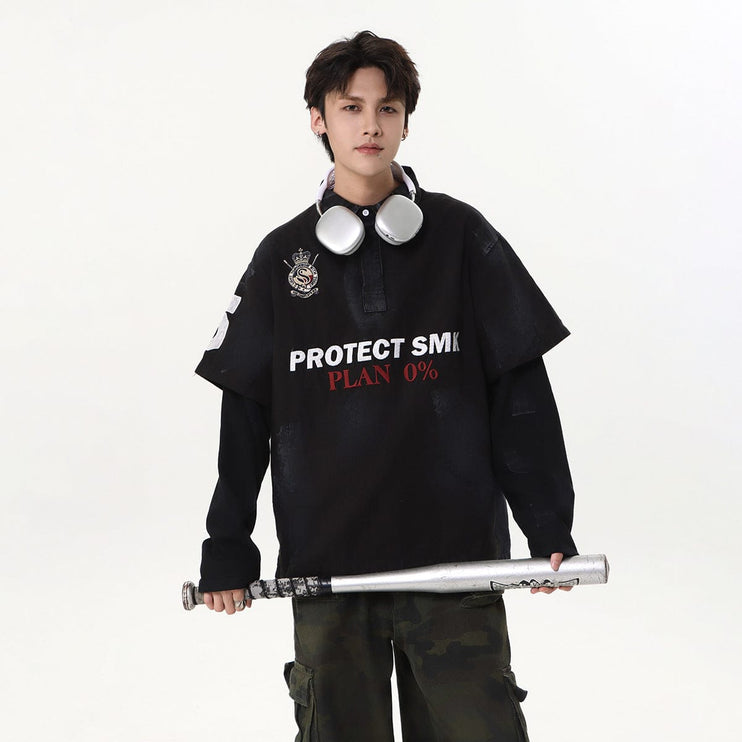 TALKLESSFASHION Jiaqlo Men's Fall and Winter 2025 new wasteland style American jersey fake two heavy embroidered polo collar sweatshirts