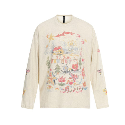 TALKLESSFASHION Jiayiku's 2026 spring/summer new printed T-shirt long-sleeved American trendy brand personalized graffiti color sports base shirt