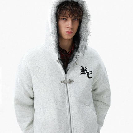 TALKLESSFASHION Jiayiku trendy brand 2025 winter new American mountain carved fur collar cotton jacket fleece sweatshirt jacket hooded cotton jacket