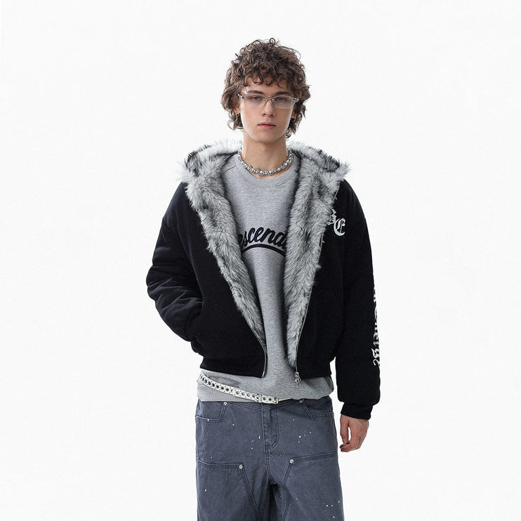 TALKLESSFASHION Jiayiku trendy brand 2025 winter new American mountain carved fur collar cotton jacket fleece sweatshirt jacket hooded cotton jacket