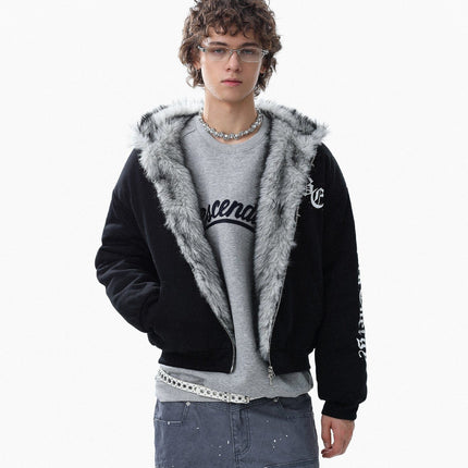 TALKLESSFASHION Jiayiku trendy brand 2025 winter new American mountain carved fur collar cotton jacket fleece sweatshirt jacket hooded cotton jacket