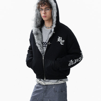 TALKLESSFASHION Jiayiku trendy brand 2025 winter new American mountain carved fur collar cotton jacket fleece sweatshirt jacket hooded cotton jacket