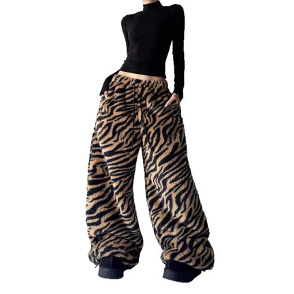 TALKLESSFASHION Korean retro lazy leopard print warmth can be worn inside and outside, wide-leg sweatpants, women's winter casual jazz dance scimitar pants