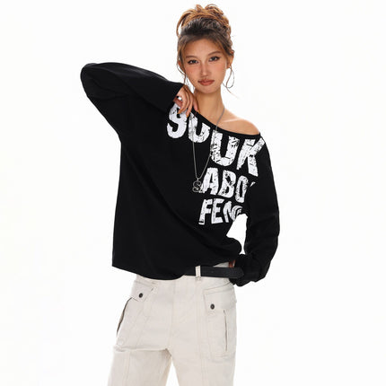 TALKLESSFASHION L / black Disruptive Lettering Off-Shoulder Top