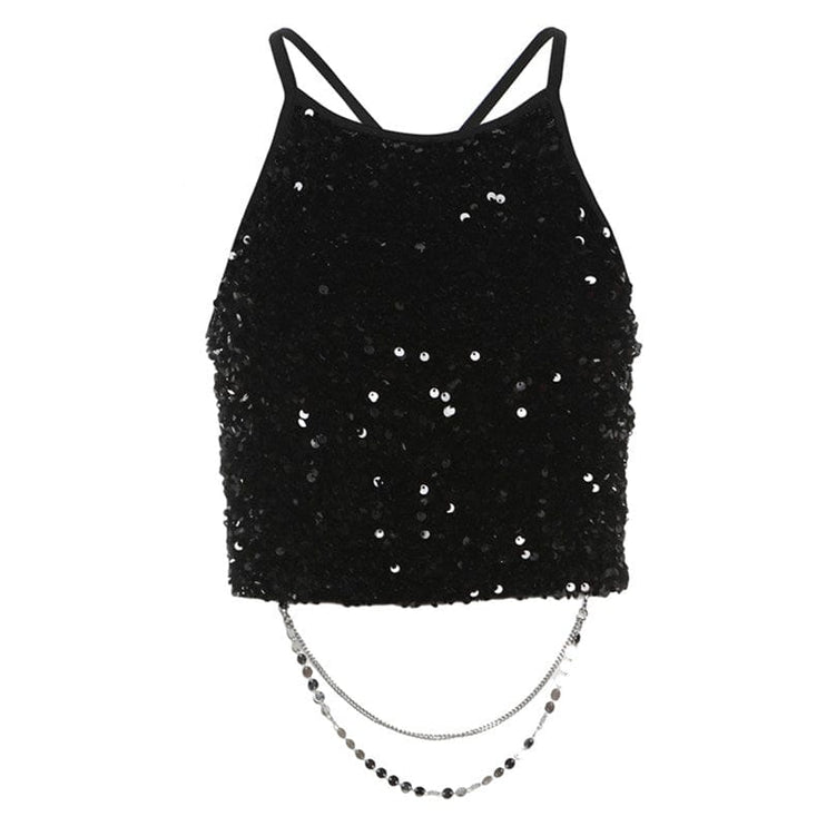 TALKLESSFASHION L / black VOstudio babes slim short beauty back top sequins bling sparkling chain camisoles female underwear