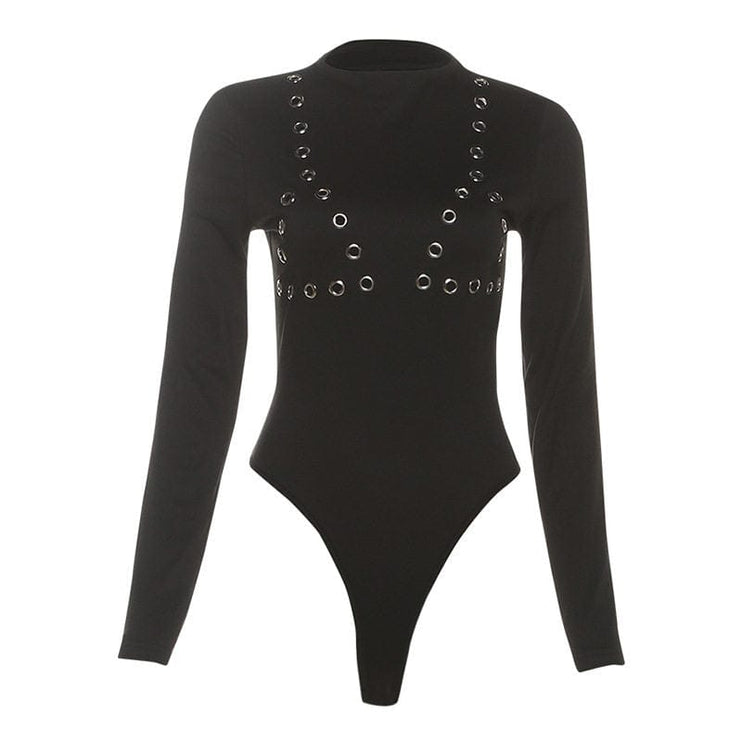 TALKLESSFASHION L / black VOstudio cool hot girl design sense corn hole long sleeve bodysuit women's ring hollow slim slim top