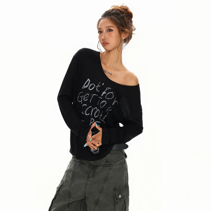 TALKLESSFASHION L / black XPKAEAX Slightly Translucent Lightweight Letter Long Sleeve T-Shirt Women's 2025 Pre-Fall Loose Off-the-Shoulder Top American Slanted Shoulder Cover-Up