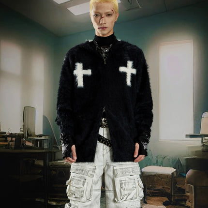 TALKLESSFASHION L / black Y2K Mohair Hooded Cardigan