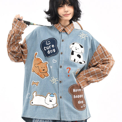TALKLESSFASHION L / blue OV original American plaid patchwork washed denim shirt men's and women's autumn puppy towel embroidered loose long-sleeved shirt