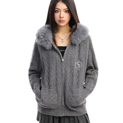 TALKLESSFASHION L / gray BIGGOLD Christmas and New Year fur collar hooded red sweater women's autumn and winter atmosphere warm knitted cardigan top
