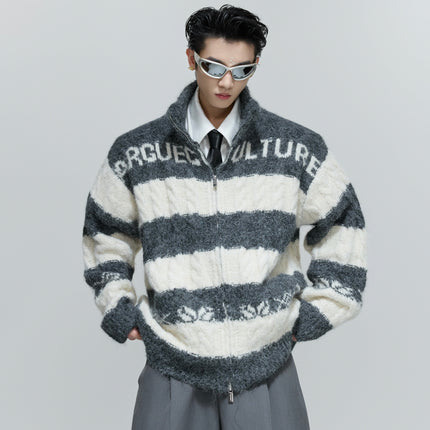 TALKLESSFASHION L / Gray Contrast Coarse-Needle Knitted Cardigan