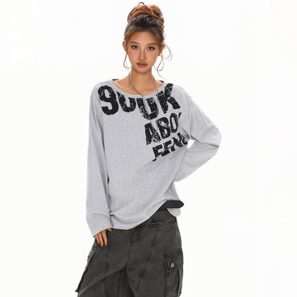 TALKLESSFASHION L / gray Disruptive Lettering Off-Shoulder Top