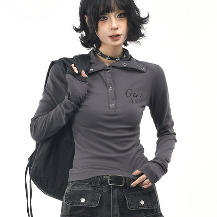 TALKLESSFASHION L / gray OV original American hot girl half-open lapel long-sleeved T-shirt women's autumn slim straight shoulder short base shirt top trend