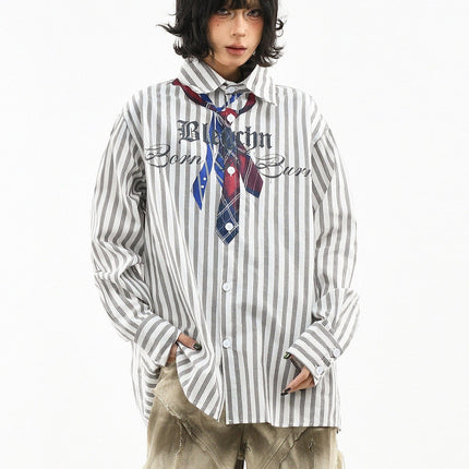 TALKLESSFASHION L / gray OV original American preppy vertical stripe tie print long sleeve shirt women's spring loose midi shirt men
