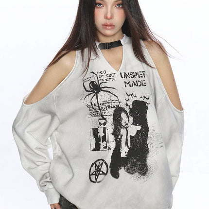 TALKLESSFASHION L / Gray plush, silver fox down Graffiti Distressed Off-Shoulder Sweatshirt