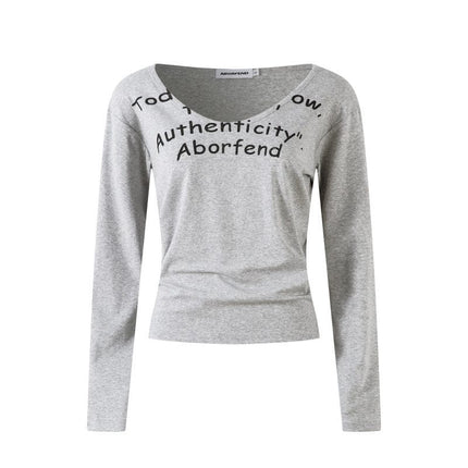 TALKLESSFASHION L / gray XPKAEAX American Spice Girl Monogram Print U-Neck Long Sleeve T-Shirt Women Fall 2025 Loose Off-the-Shoulder Top ins