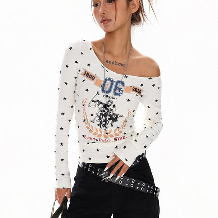 TALKLESSFASHION L / white XPKAEAX American Vintage Spice Girl Star Off-the-Shoulder Long Sleeve T-Shirt Women's Slanted Shoulder Slimming Slimming One-Shoulder Top