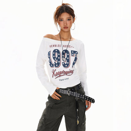 TALKLESSFASHION L / white XPKAEAX Spice Girl Style American High Street Slim Long Sleeve T-Shirt Women's New Off-the-Shoulder Slimming Top for Fall 2025