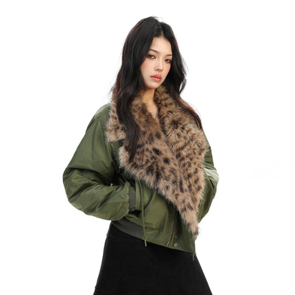 TALKLESSFASHION Leopard-Collar Motor-Core Padded Jacket