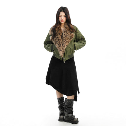 TALKLESSFASHION Leopard-Collar Motor-Core Padded Jacket