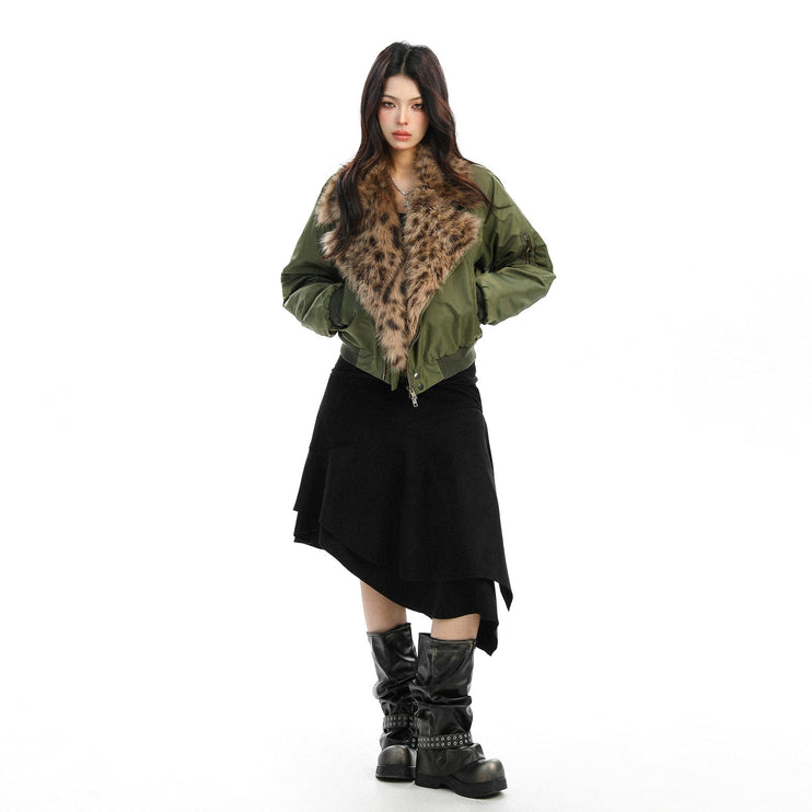 TALKLESSFASHION Leopard-Collar Motor-Core Padded Jacket