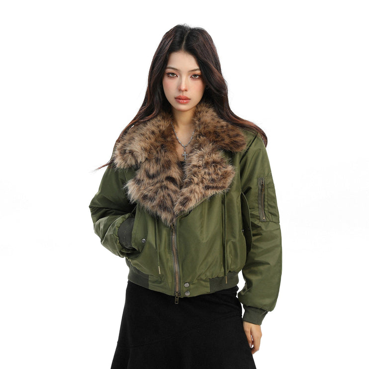 TALKLESSFASHION Leopard-Collar Motor-Core Padded Jacket