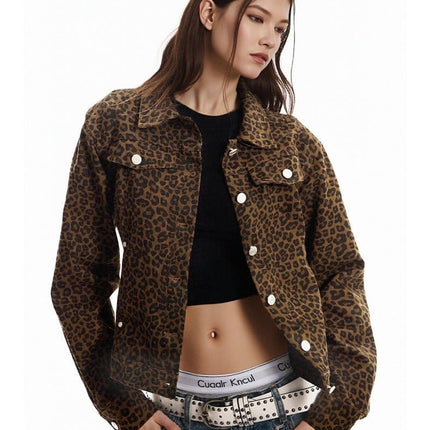 TALKLESSFASHION Light Yao Women's Clothing|American Retro Lapel Leopard Print Short Jacket Jacket Women's Slim Slim Slim Niche Design Top