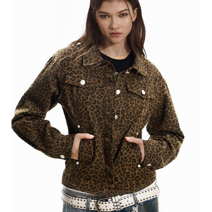 TALKLESSFASHION Light Yao Women's Clothing|American Retro Lapel Leopard Print Short Jacket Jacket Women's Slim Slim Slim Niche Design Top