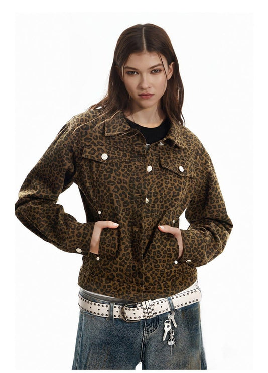 TALKLESSFASHION Light Yao Women's Clothing|American Retro Lapel Leopard Print Short Jacket Jacket Women's Slim Slim Slim Niche Design Top