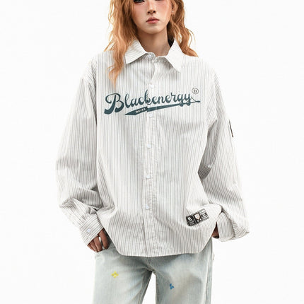 TALKLESSFASHION M / apricot OV original American vintage vertical stripe letter print long sleeve shirt women's spring loose casual couple shirt men