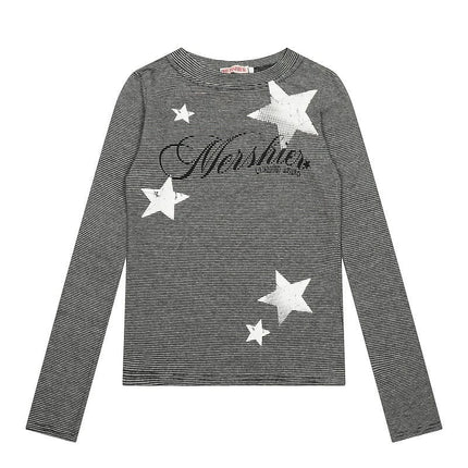 TALKLESSFASHION M / Army Green XPKAEAX American Vintage Spice Girl Striped Long Sleeve T-Shirt Women's 2025 Fall Slim Slimming Top Base Layer