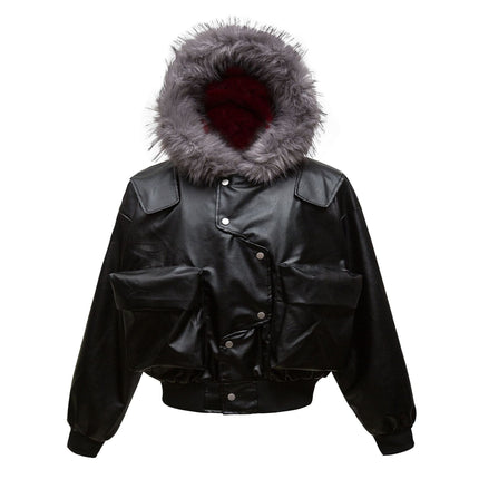 TALKLESSFASHION M / black Big Fur Collar PU Leather Puffer