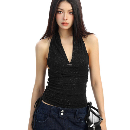 TALKLESSFASHION M / black BIGGOLD hot girl pure desire backless V-neck red neck camisole female slim waist short sleeveless top