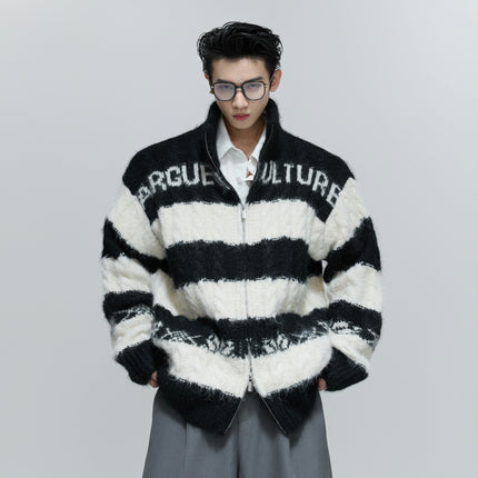 TALKLESSFASHION M / Black Contrast Coarse-Needle Knitted Cardigan