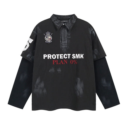 TALKLESSFASHION M / Black spelling navy blue Jiaqlo Men's Fall and Winter 2025 new wasteland style American jersey fake two heavy embroidered polo collar sweatshirts