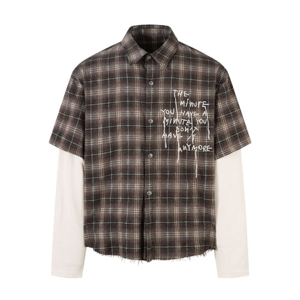 TALKLESSFASHION M / brown Street Distressed Fake Two-Piece Plaid Shirt