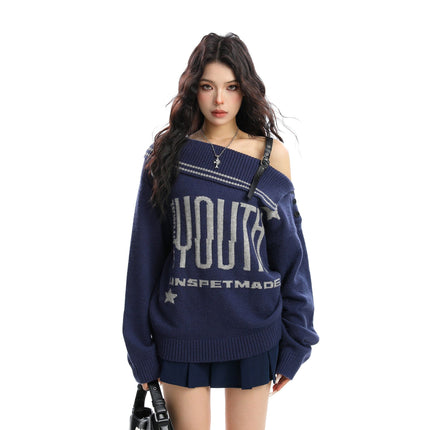 TALKLESSFASHION M / Dark blue BIGGOLD American letter design slanted shoulder sweater women's autumn and winter thickened warm off-the-shoulder knit top trend