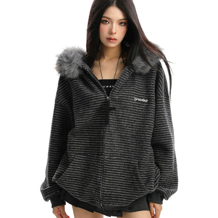 TALKLESSFASHION M / Dark gray plus velvet Striped Detachable Fur Hood Jacket