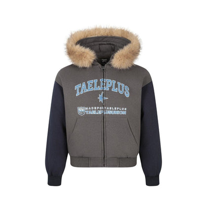 TALKLESSFASHION M / Dark gray Printed Fur Collar Knit Jacket